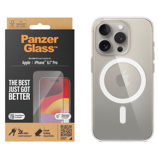 iPhone 15 Pro tilbehørspakke - Panzerglass og Apple Magsafe deksel